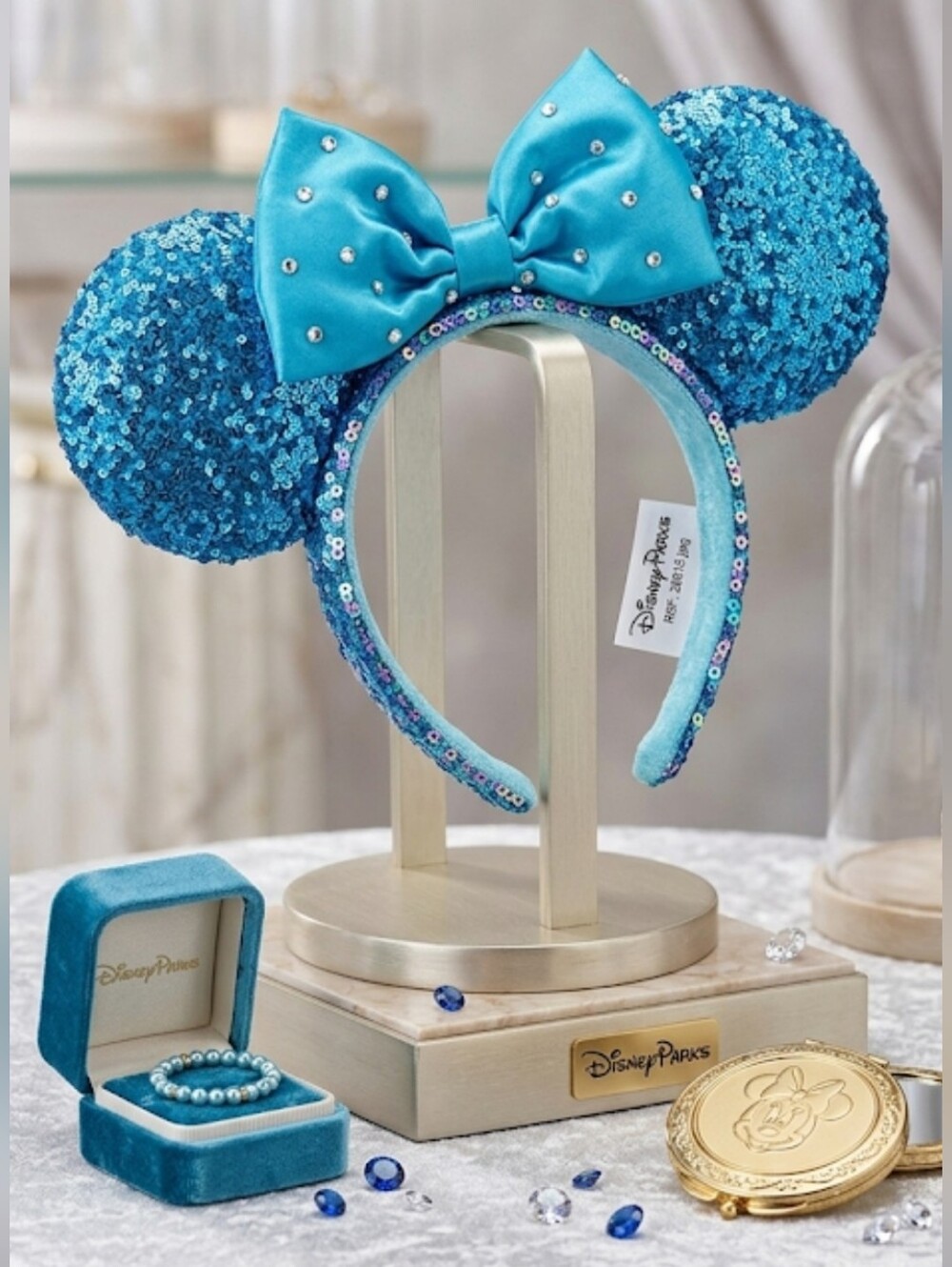 Disney Parks Minnie Mouse Ears Headband Blue Sequin Rhinestone Bow